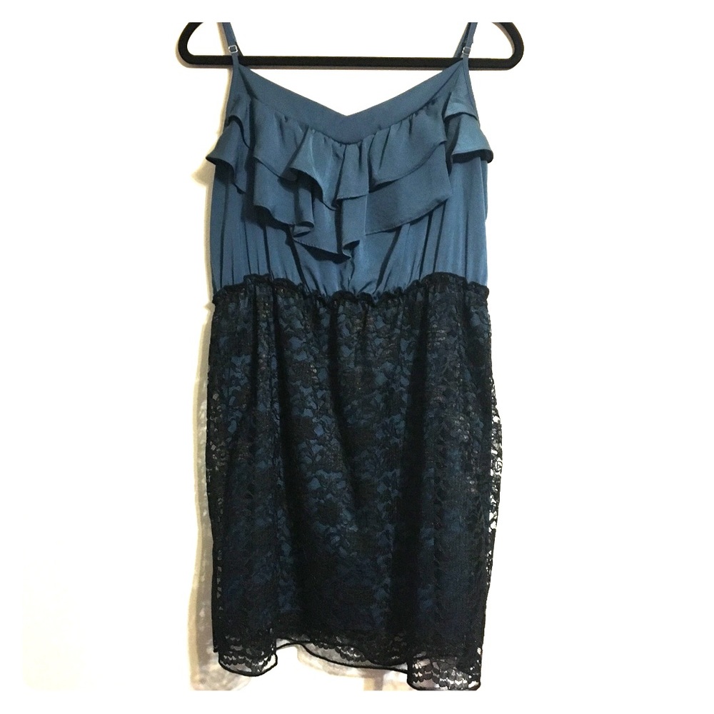 Blue ruffle and black lace dress